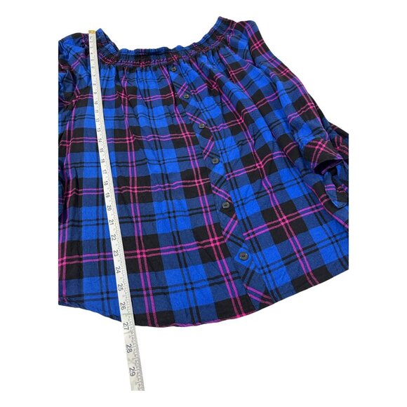 Paper Tee 3X Blue Womens Plus Blouse Plaid Off-Shoulder Button-Up Top Tie-Sleeve - Picture 11 of 11